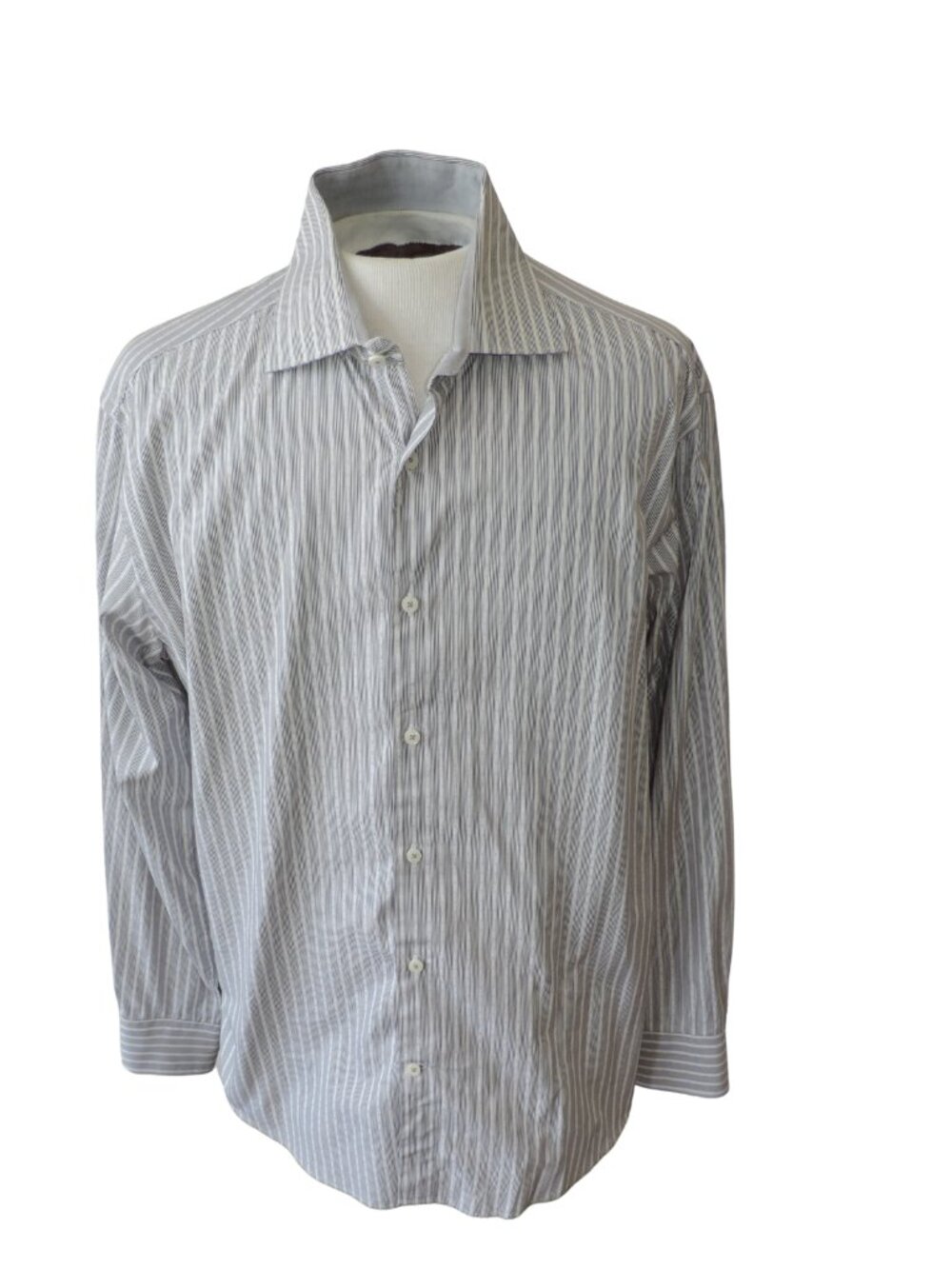 Bugatchi Men's Light Blue and White Striped Dress Shirt
